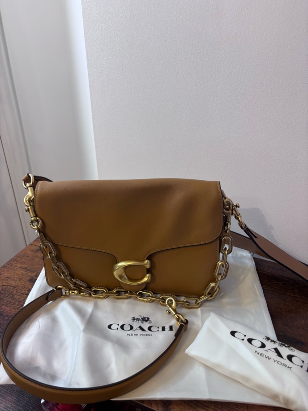 Coach Tabby Honey Brown Leather Shoulder Bag with Gold Chain